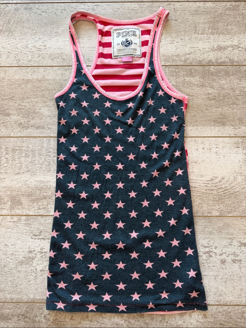 PINK Victoria's Secret Vintage Navy Tank Top with Pink Star Print Medium